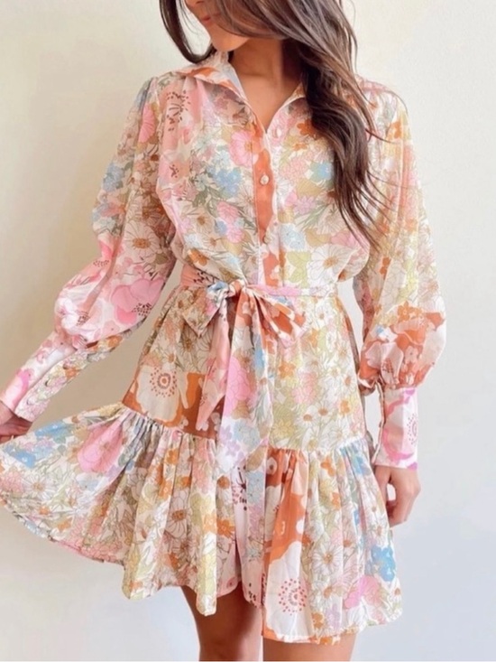 Dresses & Skirts - Pink Ripple Boho Tunic Dress Colorful Floral Pastel Patchwork Buttondown Medium